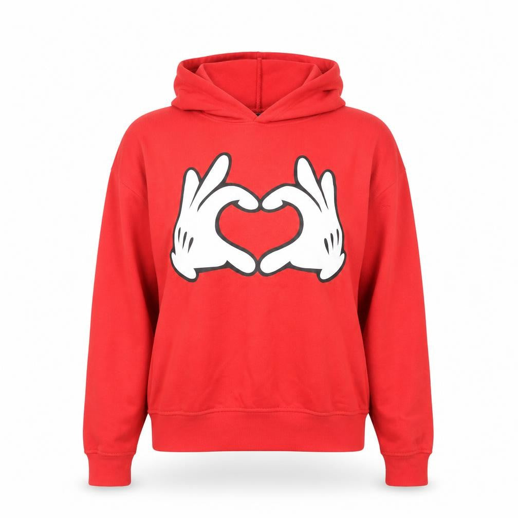 Front view of Disney women’s red hoodie small 10/12 pullover graphic mickey hands heart