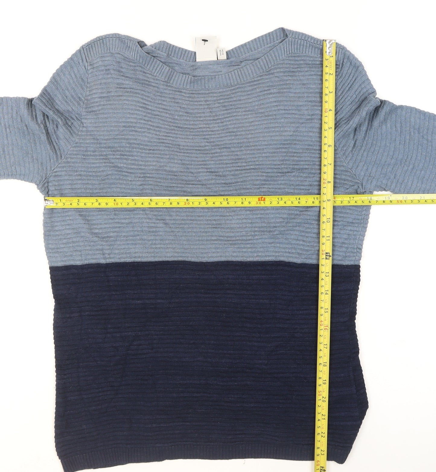 ICHI Women’s Blue Two-Tone Knitted Crew Neck Jumper Size S