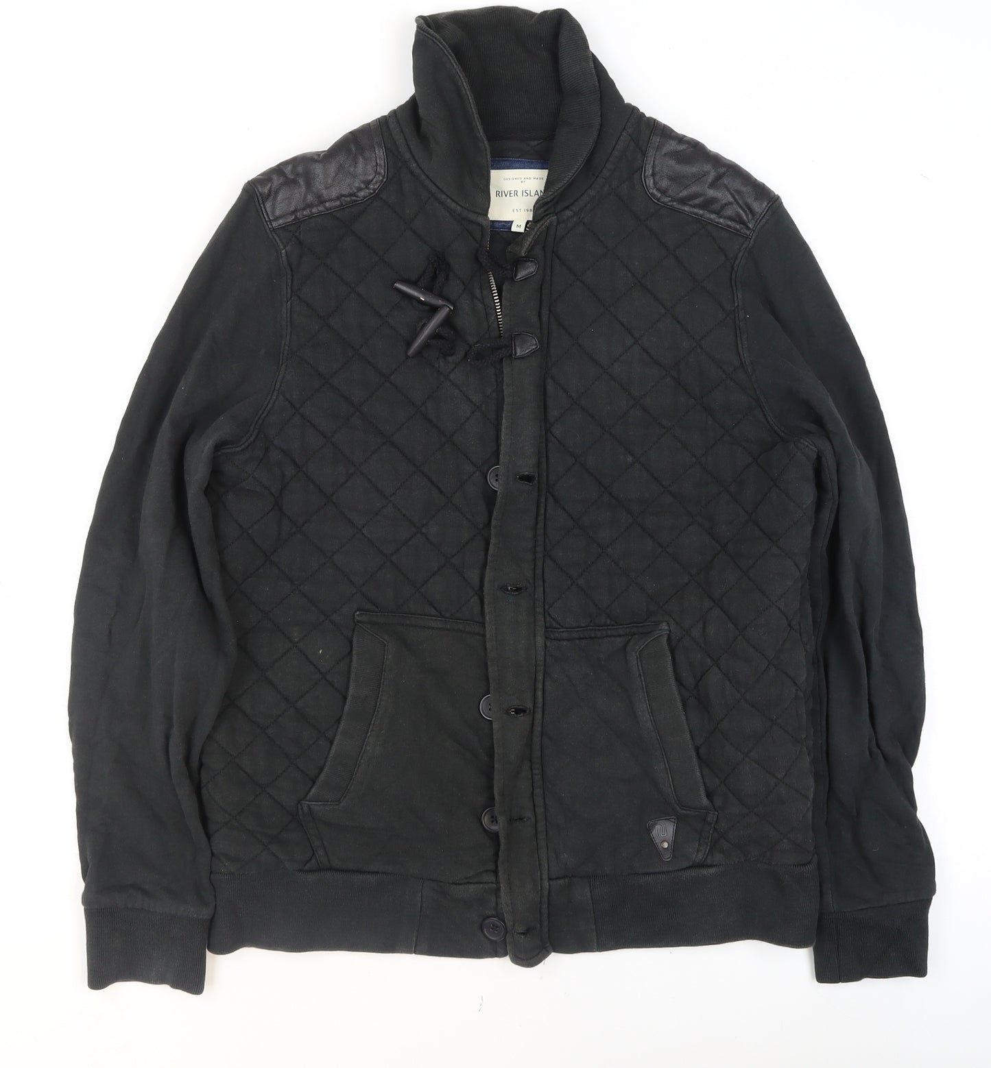 River Island Men’s Black Quilted Cotton Jacket Size M Casual Mid-Length