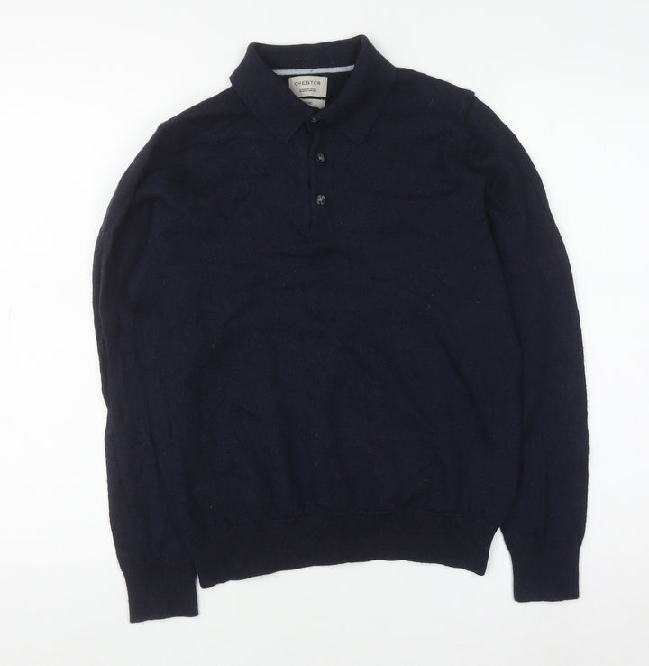 Chester Barrie Men's Blue Merino Wool Long Sleeve Formal Polo Shirt M