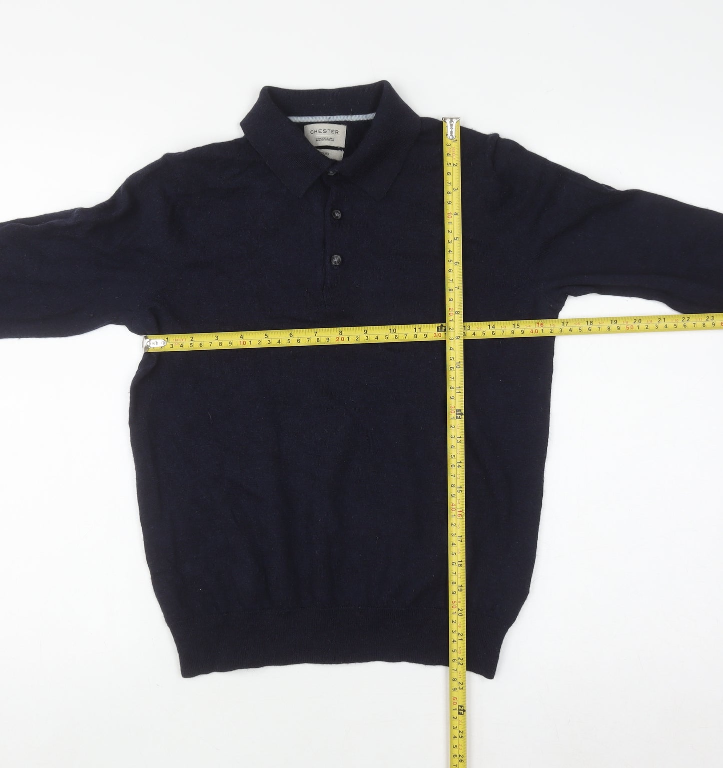 Chester Barrie Men's Blue Merino Wool Long Sleeve Formal Polo Shirt M