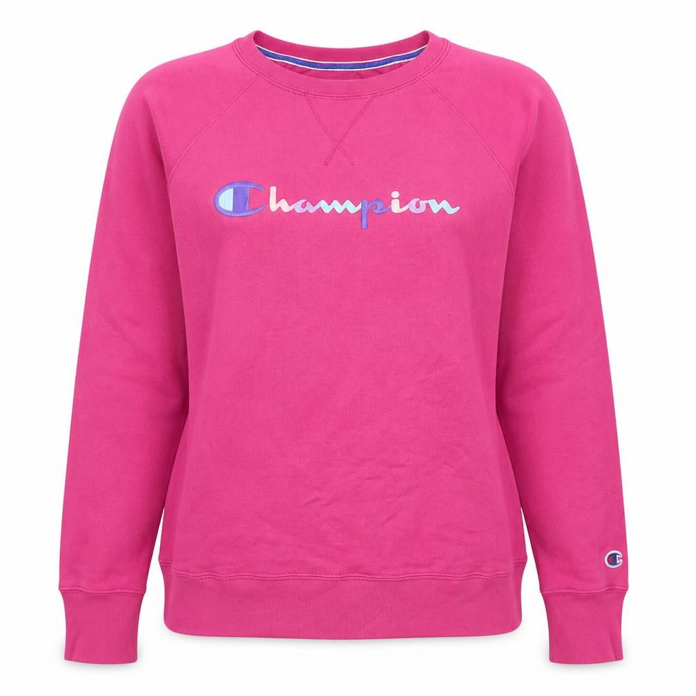 Front view of Champion Women's Pink Crew Neck Pullover Sweatshirt, size M