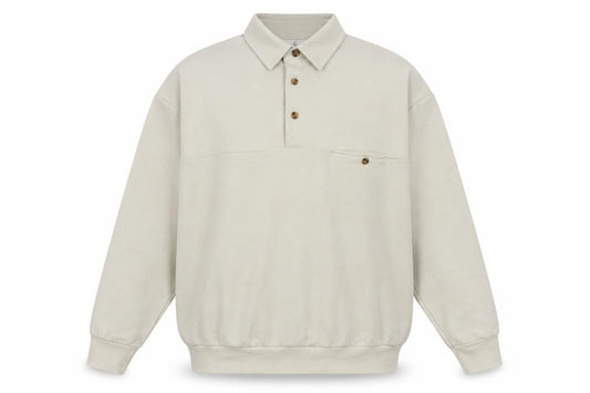 Front view of Essentials Men's Beige Classic L Henley Sweatshirt Long Sleeve