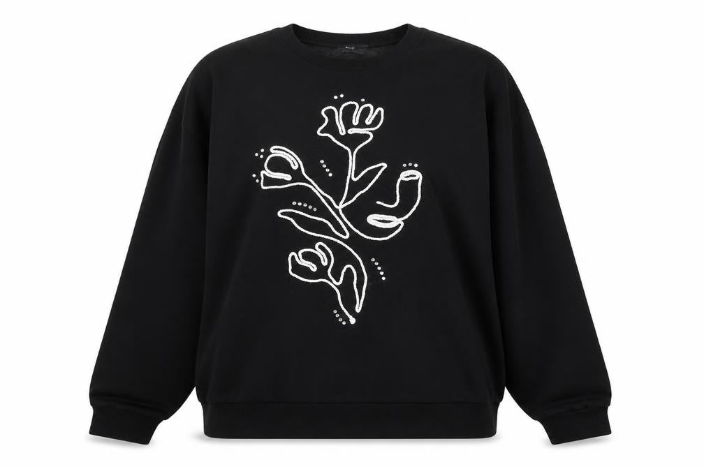 Front view of Max Women’s Black Floral Embroidered Pullover Sweatshirt L UK 14/16