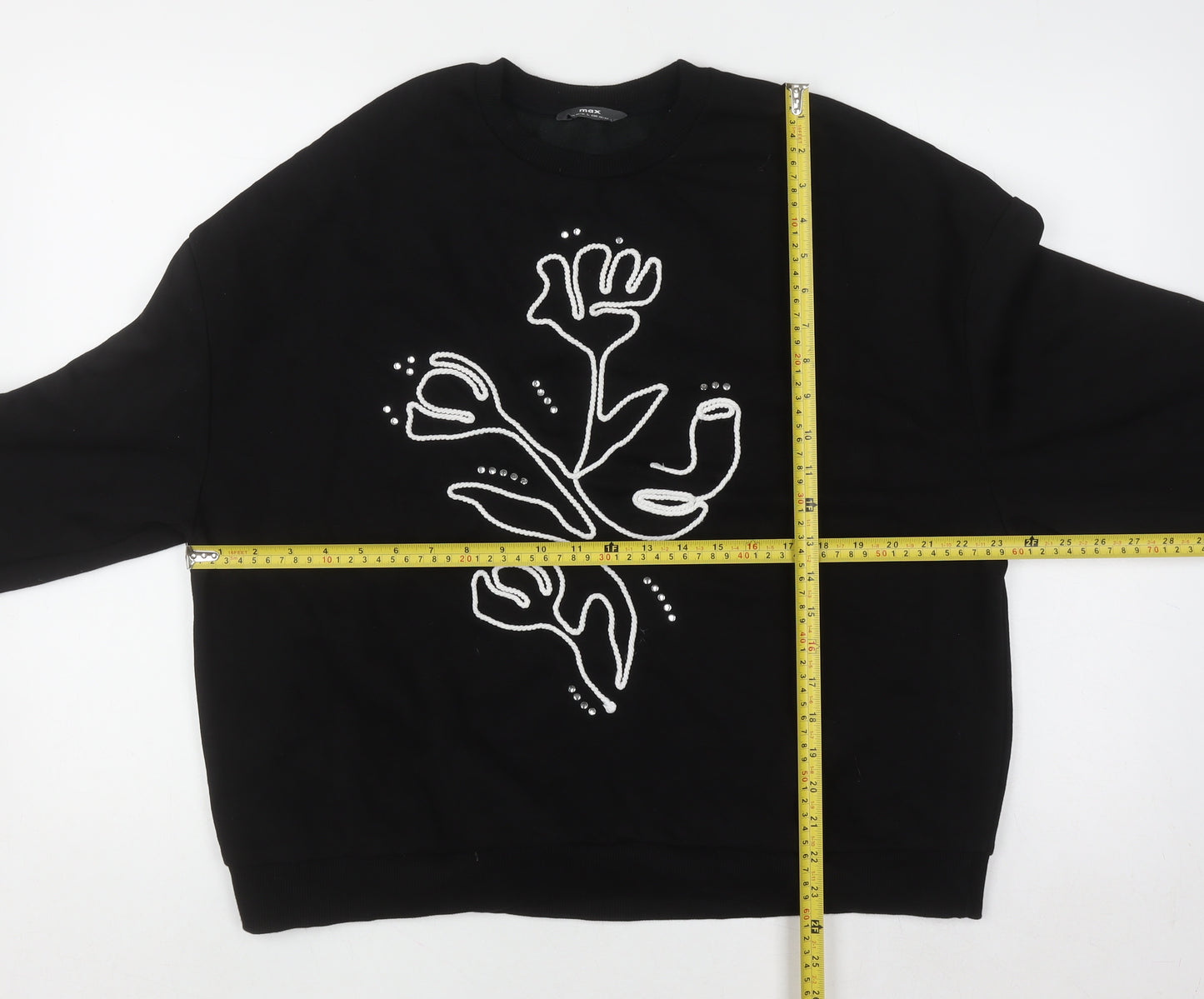 Max Women’s Black Floral Embroidered Pullover Sweatshirt L UK 14/16
