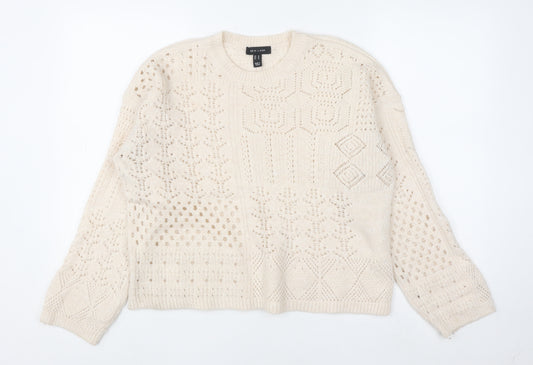 New Look Women's Ivory Open-Knit Crew Neck Jumper Size M