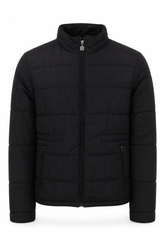 Front view of Fila men’s black puffer jacket m lightweight quilted zip coat