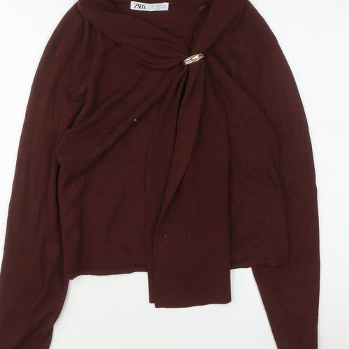 Zara Women Brown Knit Wrap Blouse High Neck Long Sleeve S