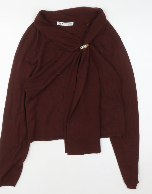 Zara Women Brown Knit Wrap Blouse High Neck Long Sleeve S