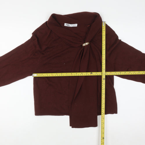 Zara Women Brown Knit Wrap Blouse High Neck Long Sleeve S