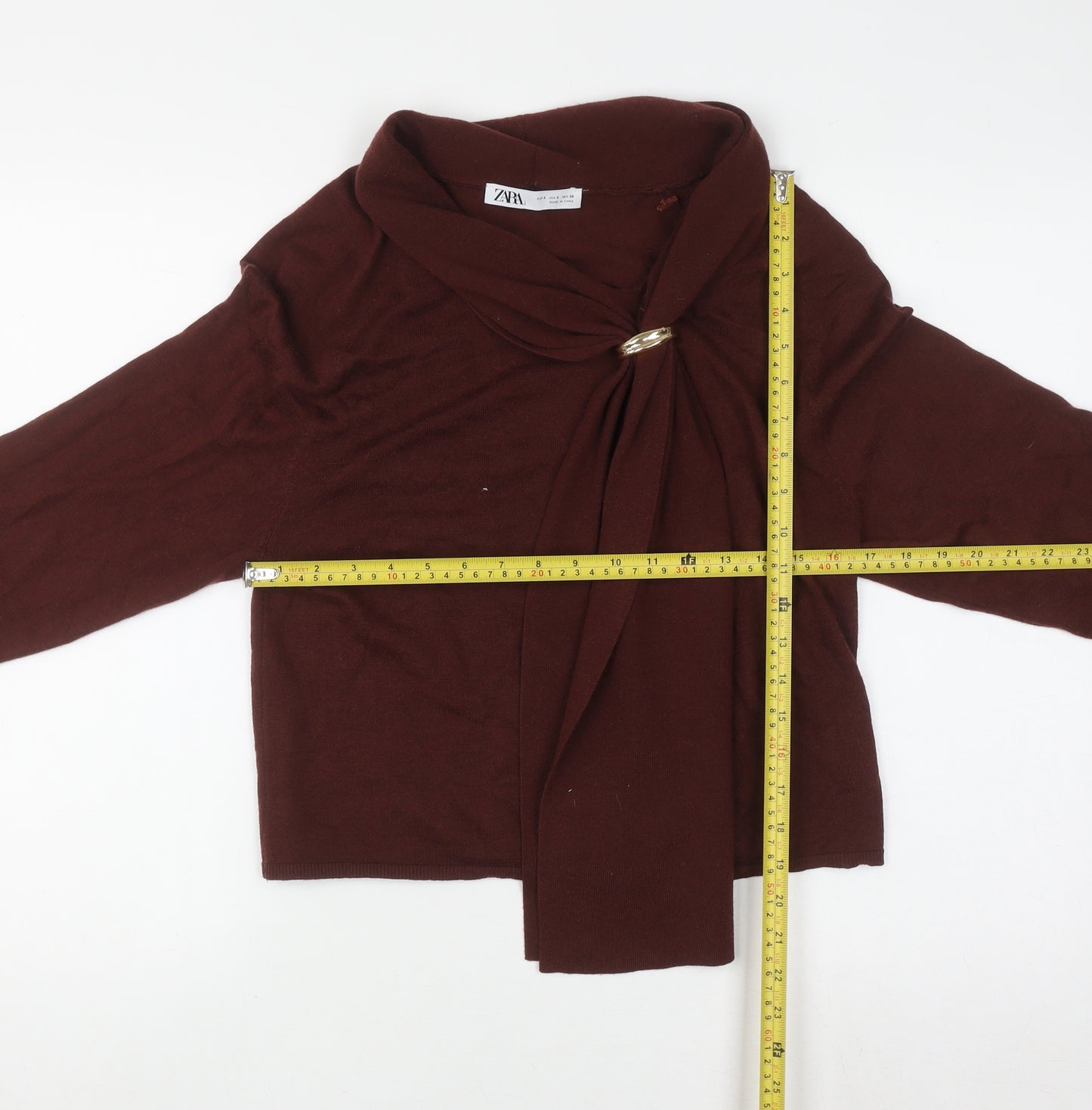 Zara Women Brown Knit Wrap Blouse High Neck Long Sleeve S