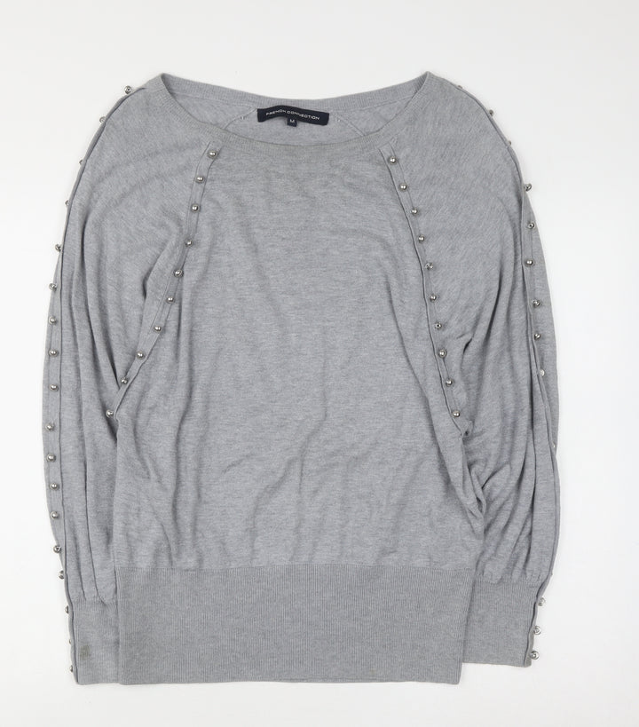 French Connection Women's Grey Beaded Boat Neck Jumper M