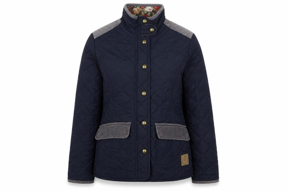 Front view of Harvey & Jones Women's Blue Quilted Mid-Length Jacket, size 10