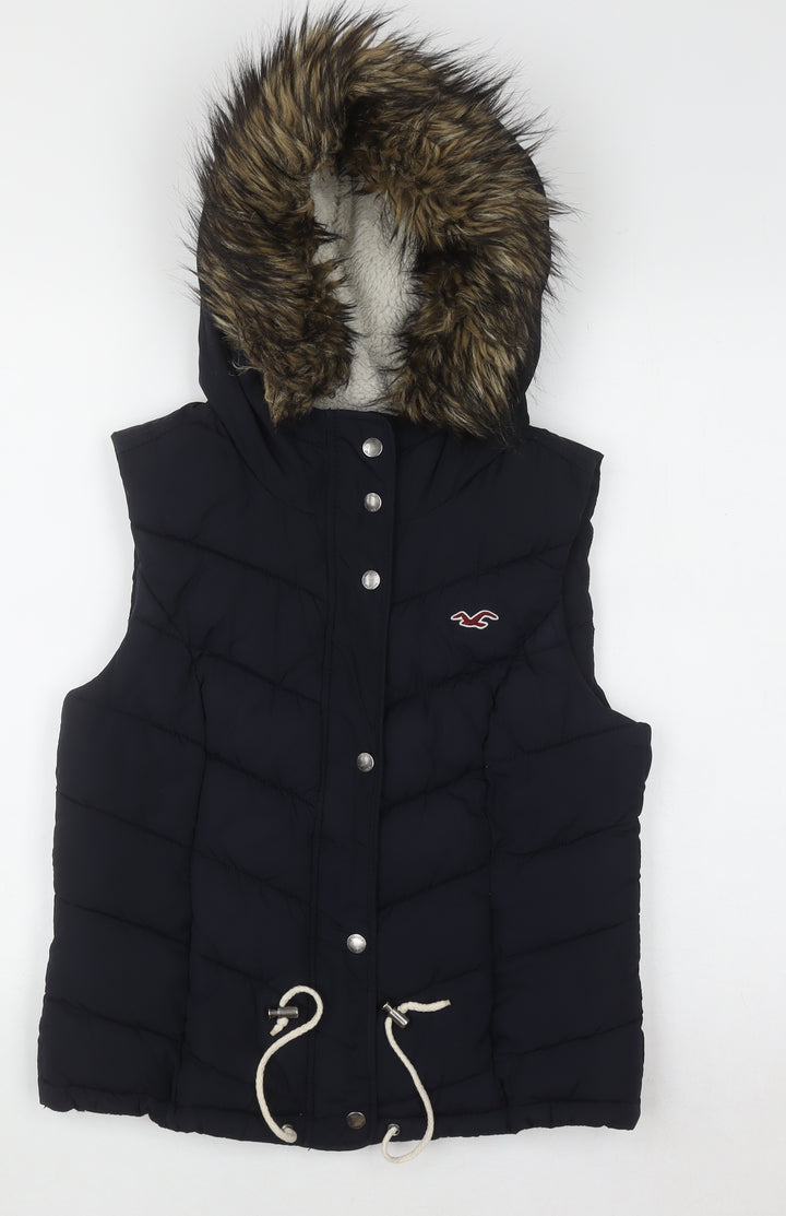 Hollister Womens Black Hooded Fur Trim Puffer Waistcoat Size M