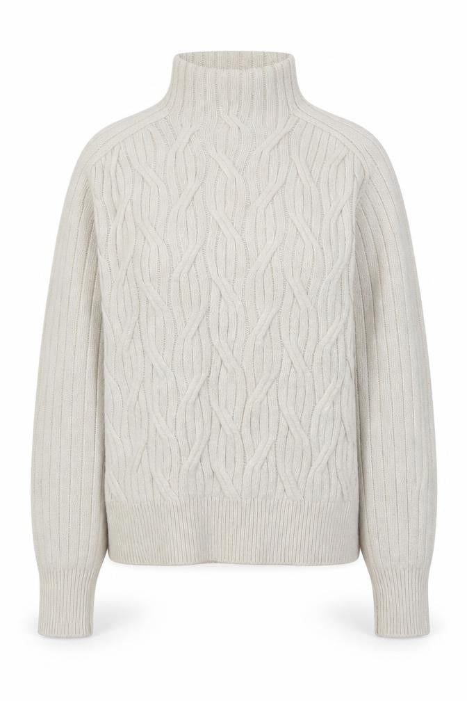 Front view of Linea Women’s Ivory Cable Knit Mock Neck Jumper, size UK 10