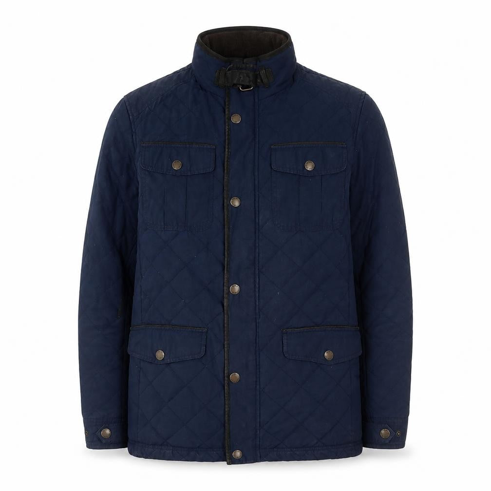 Front view of Crew Clothing Men’s Blue Quilted Jacket, size M, Cotton Blend