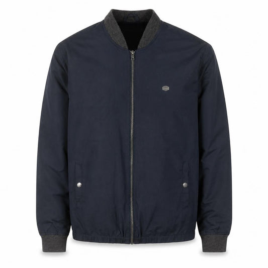 Front view of Threadbare Men's Navy Bomber Jacket, size M, Polyester Cotton Lined
