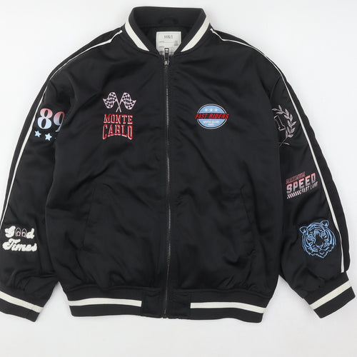 Marks and Spencer Boys Black Bomber Jacket 10-11 Years Racing Embroidered