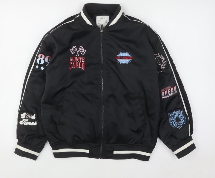 Marks and Spencer Boys Black Bomber Jacket 10-11 Years Racing Embroidered