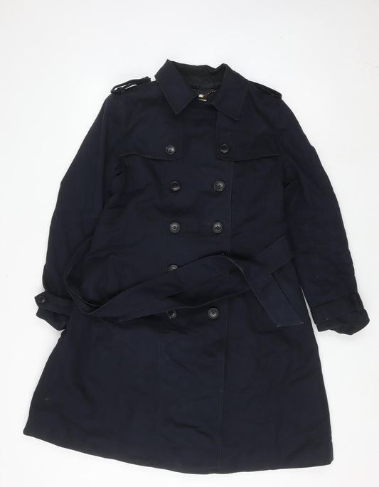 Hobbs Women’s Blue Cotton Trench Coat Size 12 Belted Mid-Length Classic