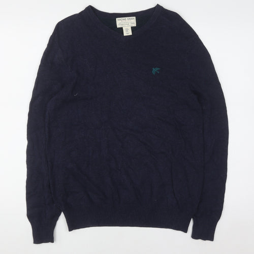 Racing Green Men's Blue Cotton V-Neck Jumper Size M Classic Knitwear