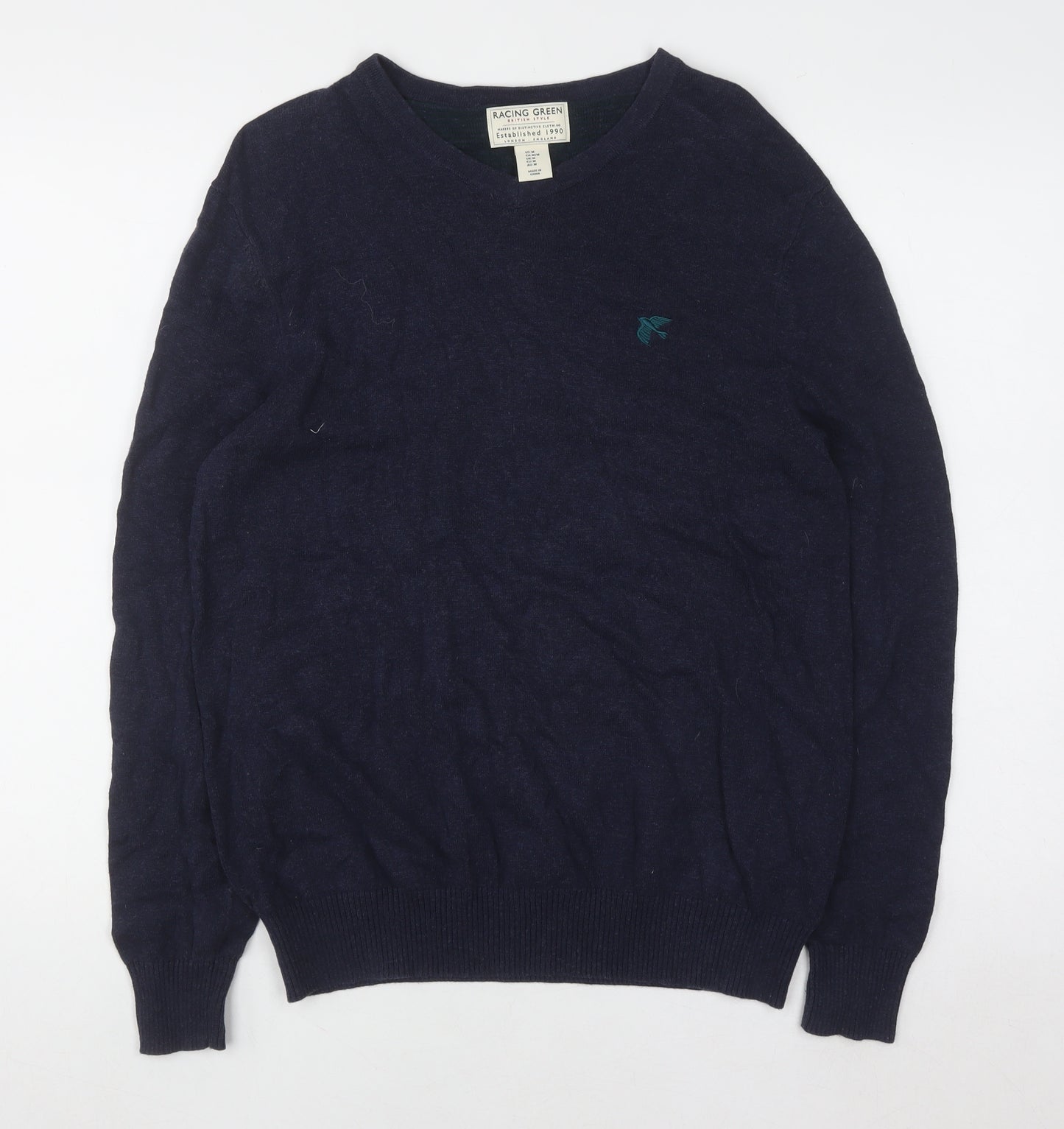 Racing Green Men's Blue Cotton V-Neck Jumper Size M Classic Knitwear