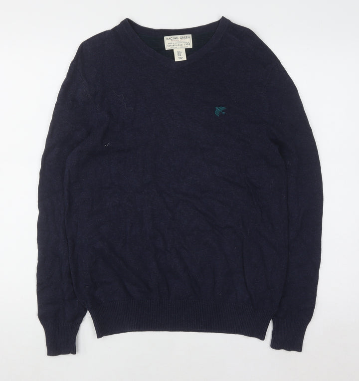 Racing Green Men's Blue Cotton V-Neck Jumper Size M Classic Knitwear