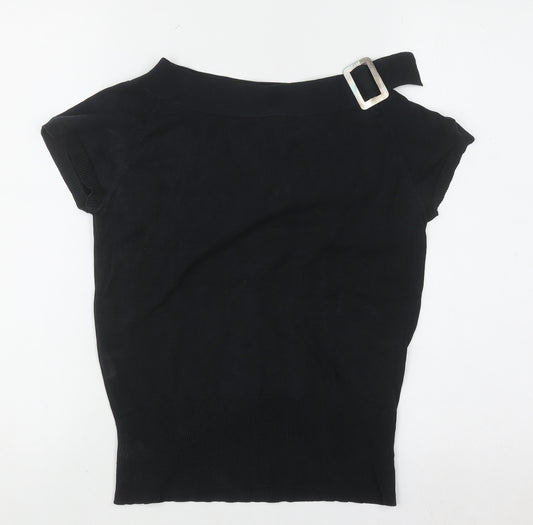 Coast Women’s Black Silk Blend Buckle Neck Short Sleeve Top Size 12