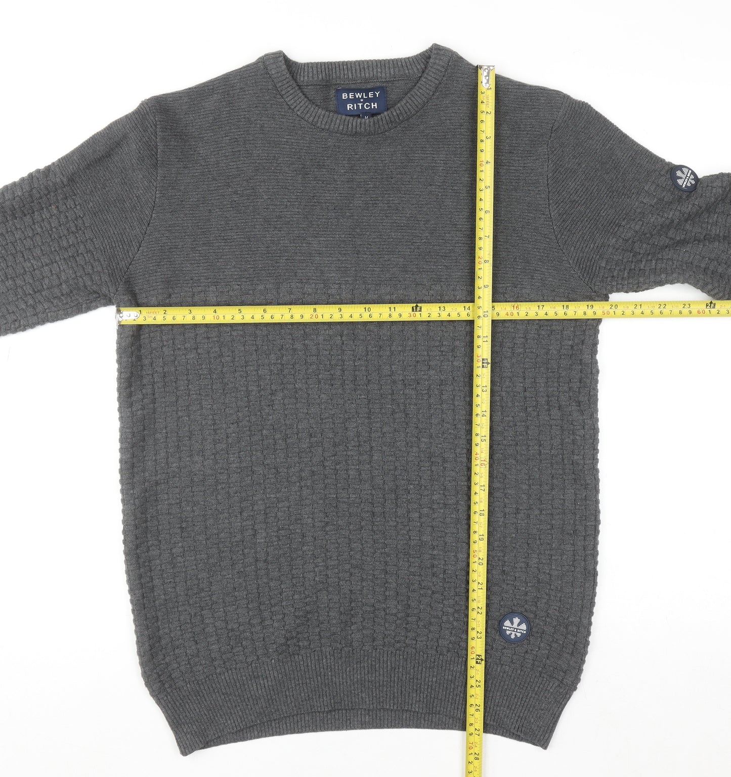 Bewley & Ritch Men's Grey Waffle Knit Cotton Blend Jumper M