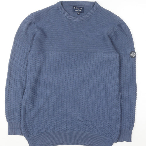 Bewley & Ritch Men’s Blue Medium Crew Neck Waffle Knit Cotton Jumper