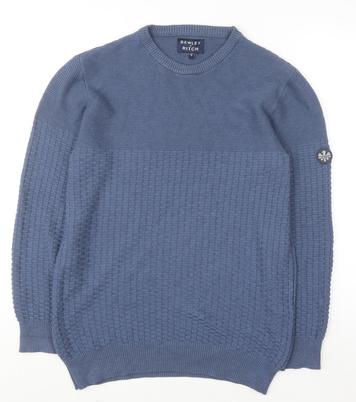 Bewley & Ritch Men’s Blue Medium Crew Neck Waffle Knit Cotton Jumper