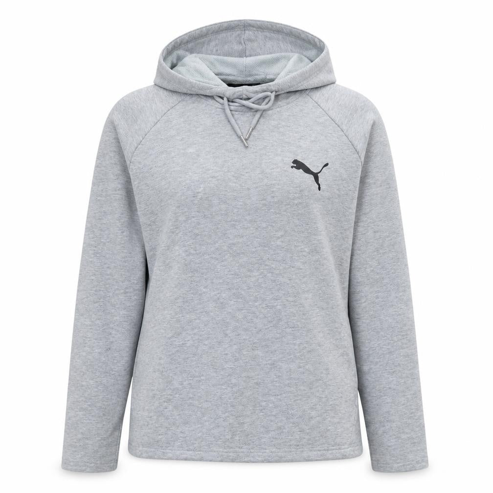 Front view of Puma women’s grey hoodie, size UK 14, pullover drawstring logo sweatshirt