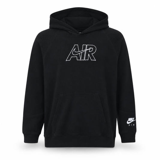 Front view of Nike Air men’s black pullover hoodie, size S, regular fit fleece