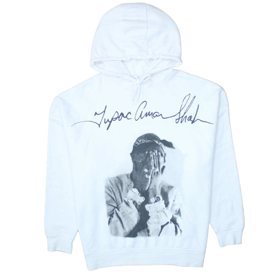 Front view of 2Pac Women's White Graphic Pullover Hoodie, size S