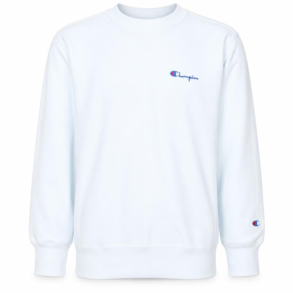 Front view of Champion Men's White Reverse Weave Crew Neck Sweatshirt Medium
