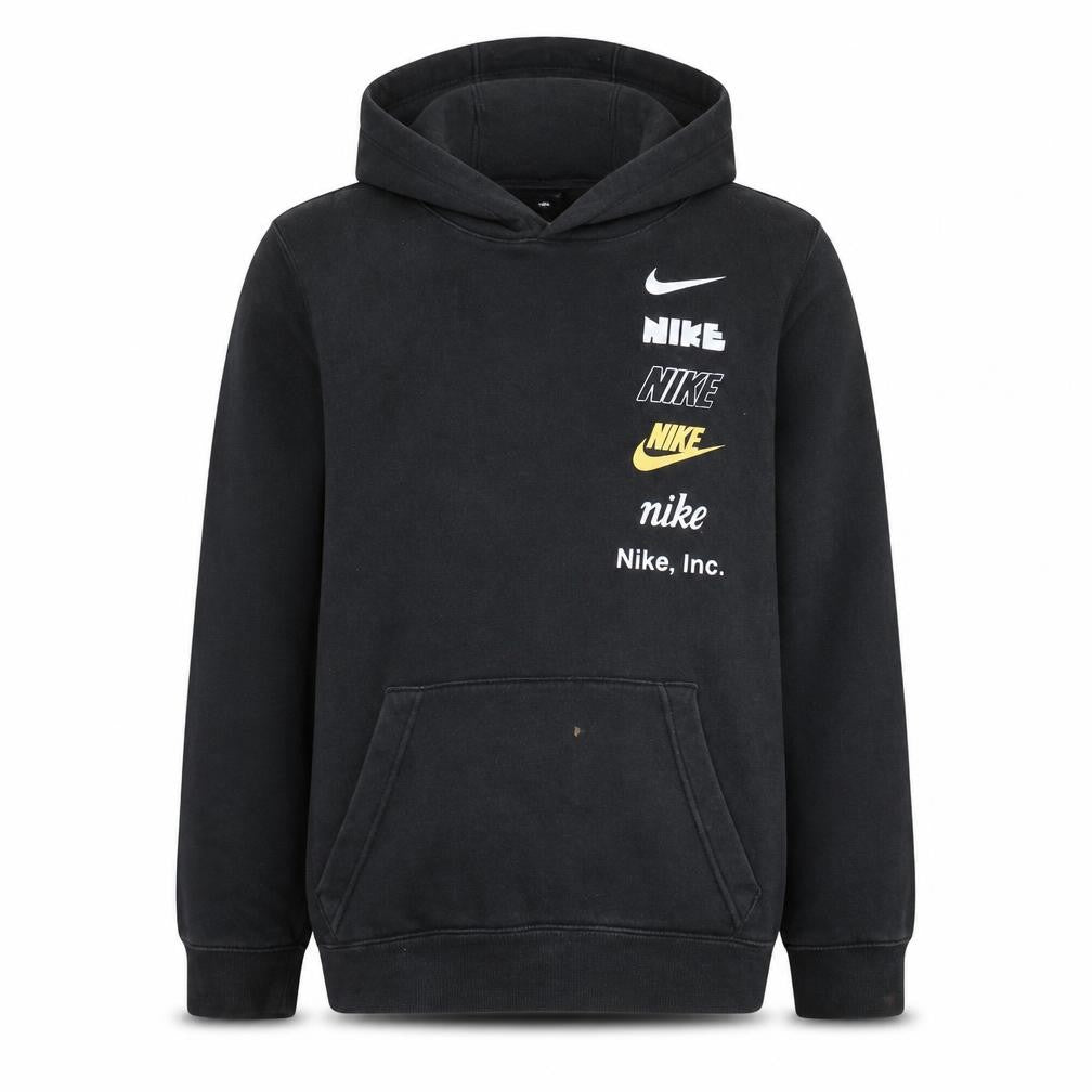 Front view of Nike boys’ black xl pullover hoodie with multi logo print