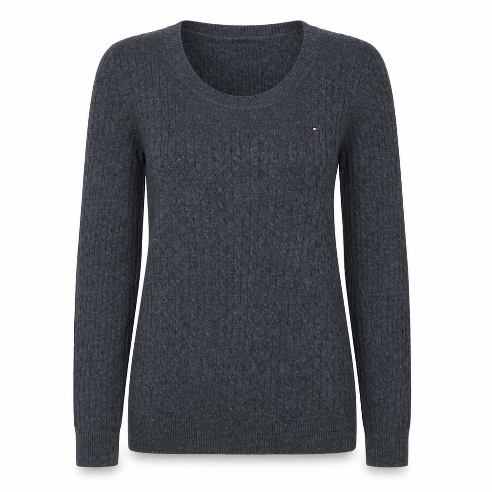 Front view of Tommy Hilfiger Women's Grey Cable-Knit Wool Cashmere Jumper, size S