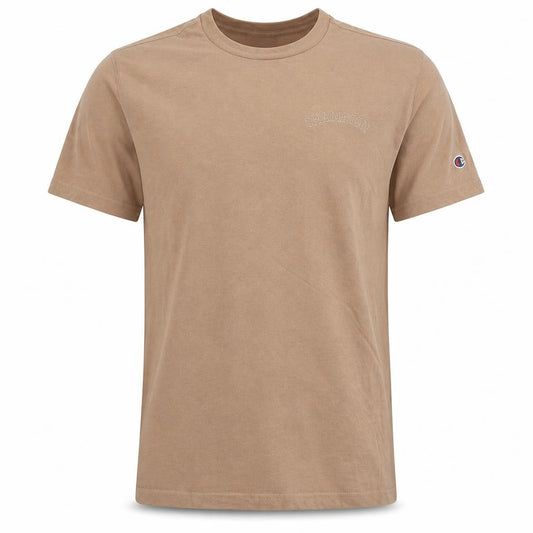 Front view of Champion Men's Beige Embroidered Logo Short Sleeve T-Shirt, size S