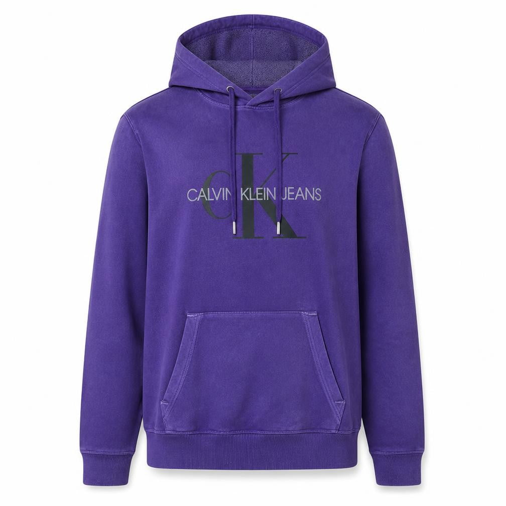 Front view of Calvin Klein Jeans Men's Purple Pullover Hoodie, size M, Logo Design