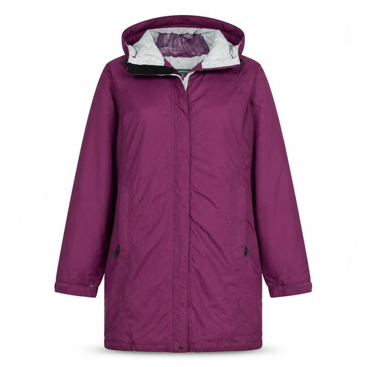 Front view of L.L. Bean Women's Purple Gore-Tex Long Waterproof Hooded Coat, size L