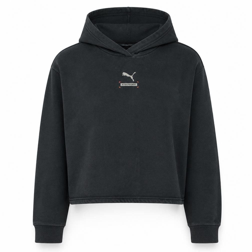 Front view of Puma women’s black crop pullover hoodie medium cotton logo sportswear
