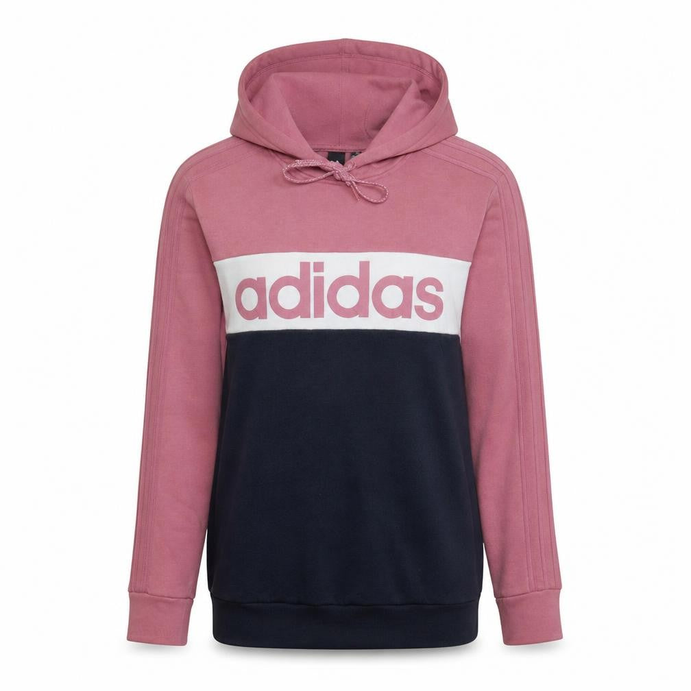 Front view of Adidas women’s pink & navy pullover hoodie l 16-18 logo sweatshirt