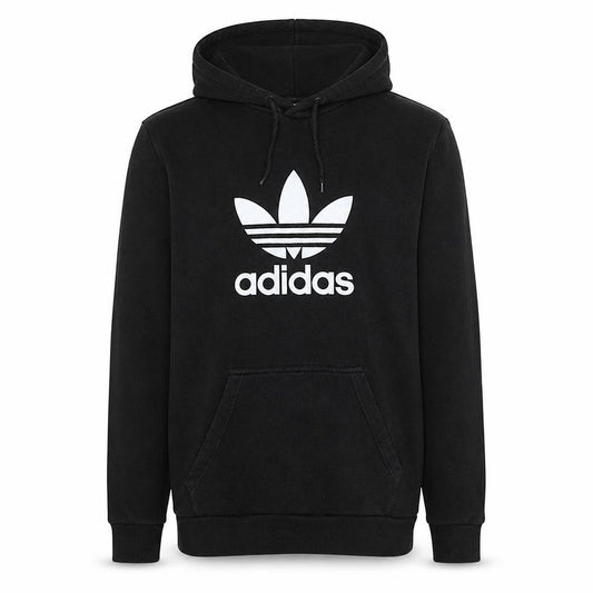 Front view of Adidas Men's Black Pullover Hoodie Medium Fleece Trefoil Logo