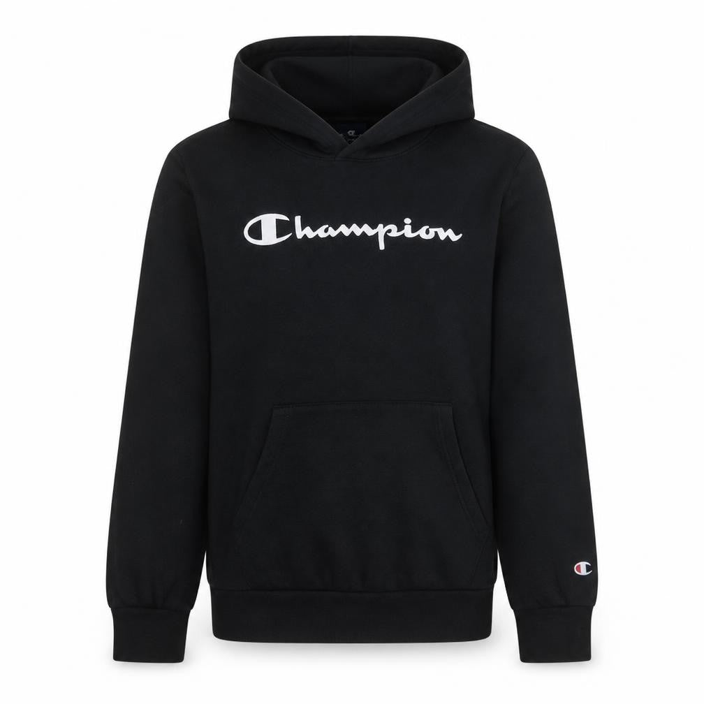 Front view of Champion boys’ black pullover hoodie 13-14 years fleece lined sweatshirt