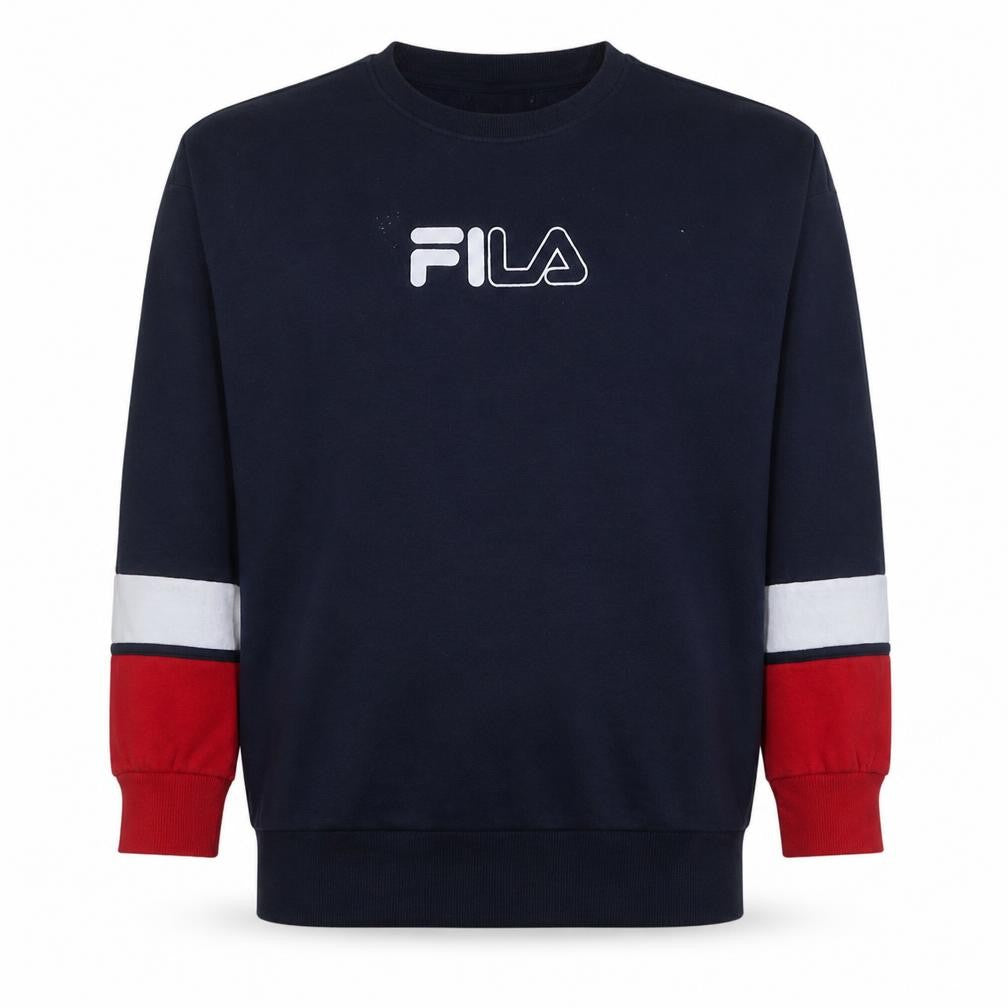 Front view of Fila Men's Blue Crew Neck Pullover Sweatshirt, size L, Logo Retro Sports