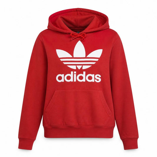 Front view of Adidas Women's Red Pullover Hoodie Small - Classic Trefoil Logo Sweatshirt