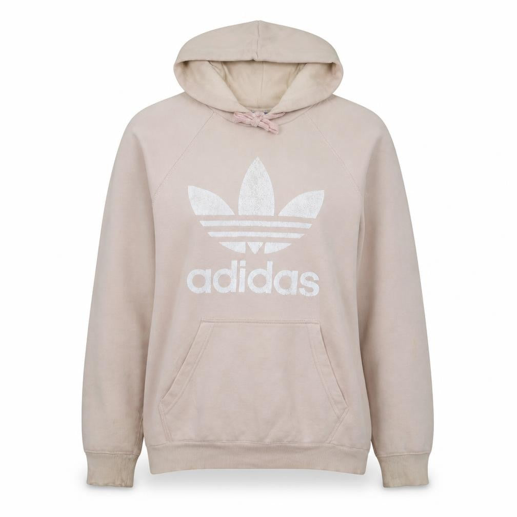 Front view of Adidas Women Beige Pullover Hoodie Medium Hooded Logo Sweatshirt
