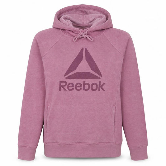 Front view of Reebok women’s pink pullover hoodie, size L, cotton blend sportswear