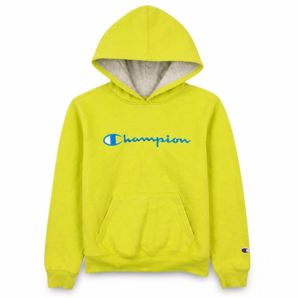 Front view of Champion women’s yellow pullover hoodie l - authentic athletic logo