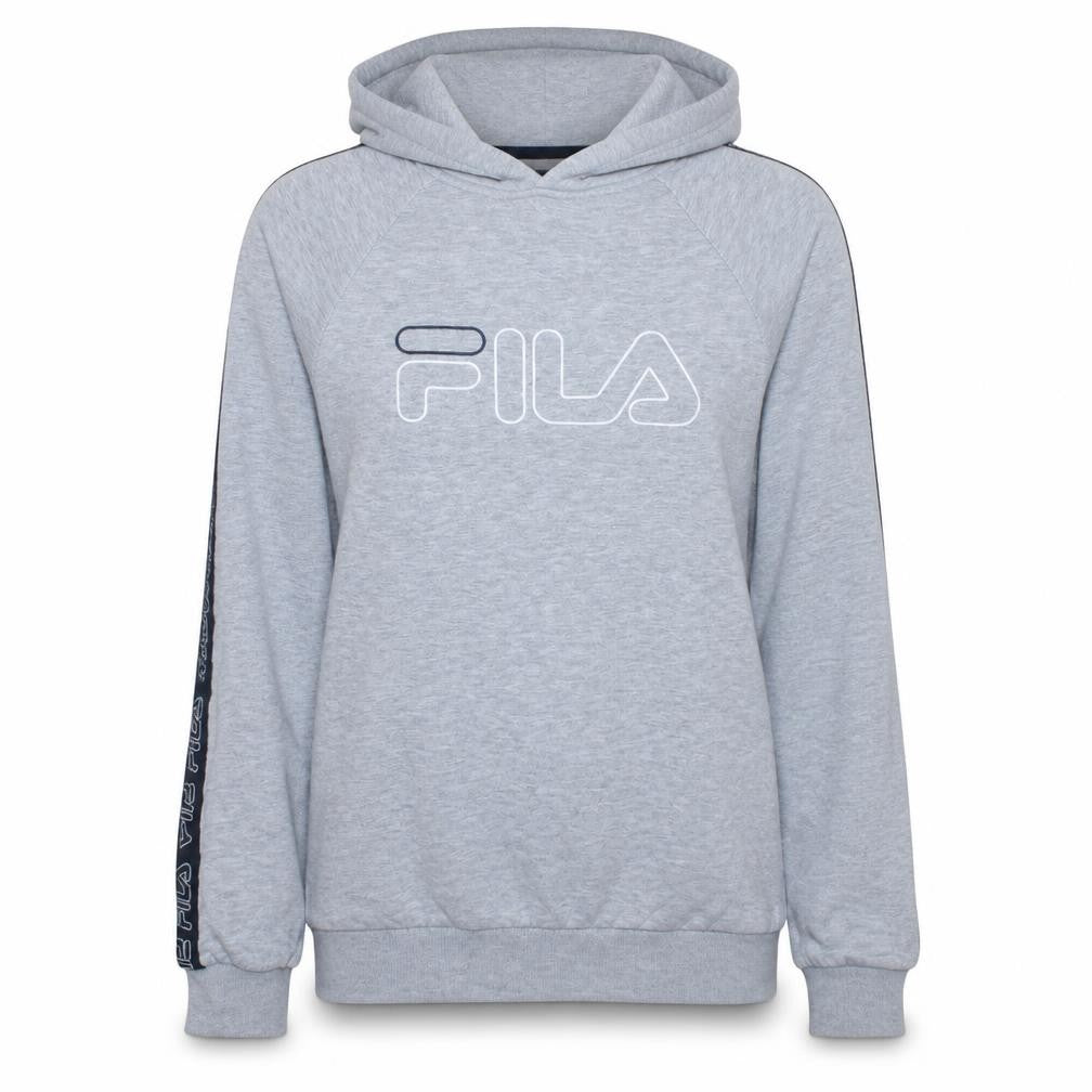 Front view of Fila women’s grey pullover hoodie xs logo tape detail